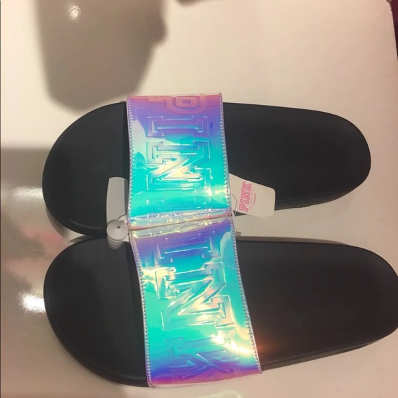 NEW Vs Pink Silver Iridiscent Slides Medium 7/8 - Picture 2 of 4